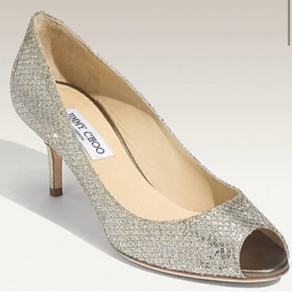 Jimmy Choo Isabel 70 Silver Champagne Glitter Peep Toe Pumps Heels size 38 or 8
